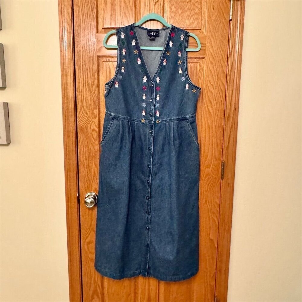 Original TY Wear Women's Denim Sleeveless Dress Size 8 Snowmen Embroidery